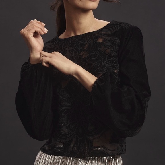 Anthropologie The Lainie Black Long-Sleeve Lace Cutwork Blouse Velvet Edition M - Picture 1 of 13